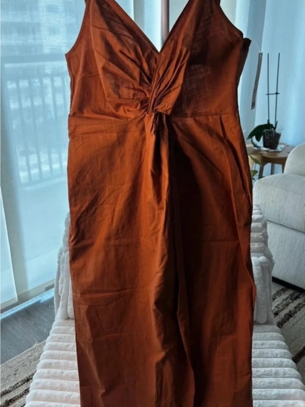 Urban Outfitters One-Shoulder Knot Midi Dress in Rust